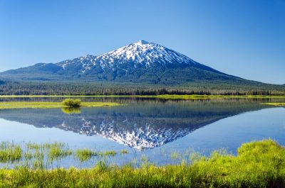Mount Bachelor being reflected in Sparks Lake near Bend, Oregon