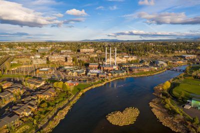 Aerial view of the Old Mill District in Bend, Oregon.